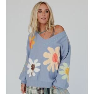 Lg POL Good Mood Flower Sweater Blue Retro Floral Pullover knit Cottagecore Boho